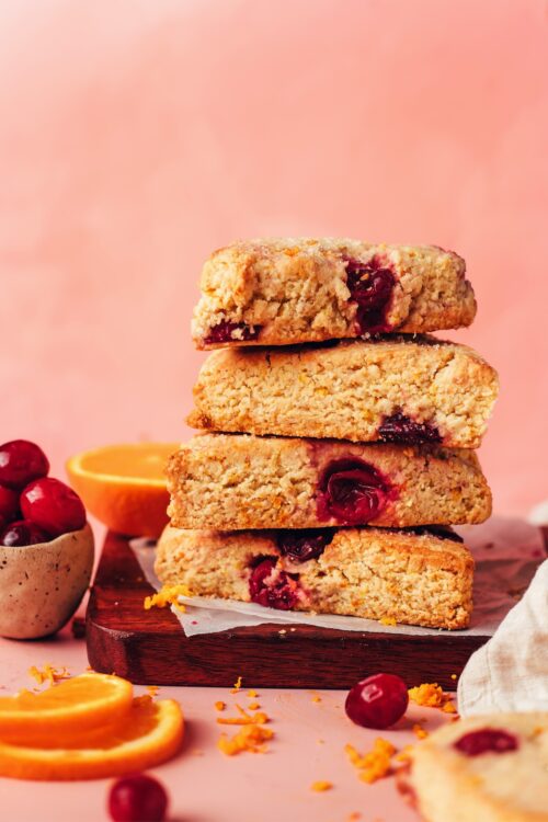 Stack of vegan gluten-free cranberry orange scones