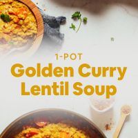 Bowl and skillet of our comforting 1-Pot Golden Curried Lentil Soup