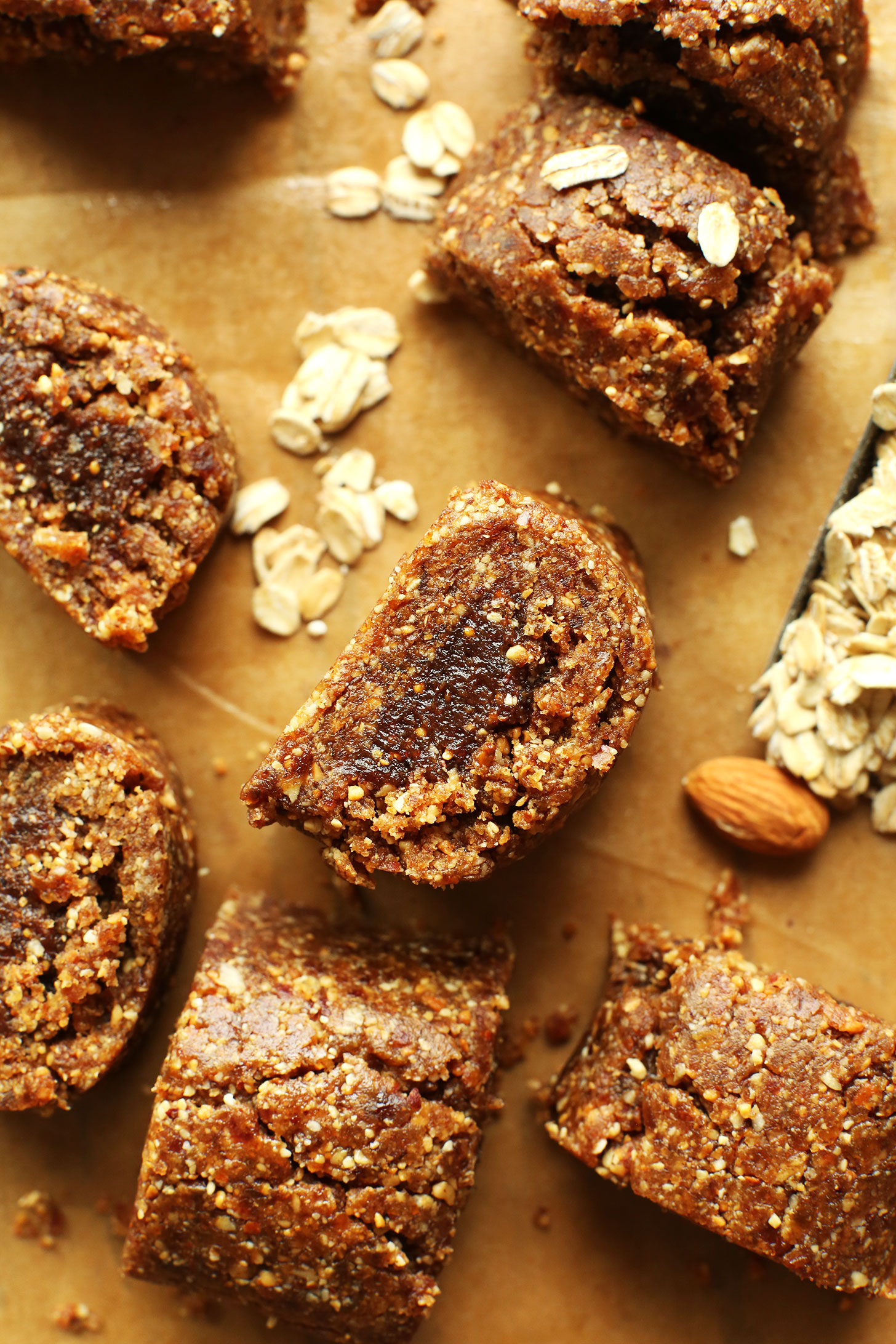 Squares of our Easy Healthy Fig Newtons recipe made with dates, nuts, oats, and figs