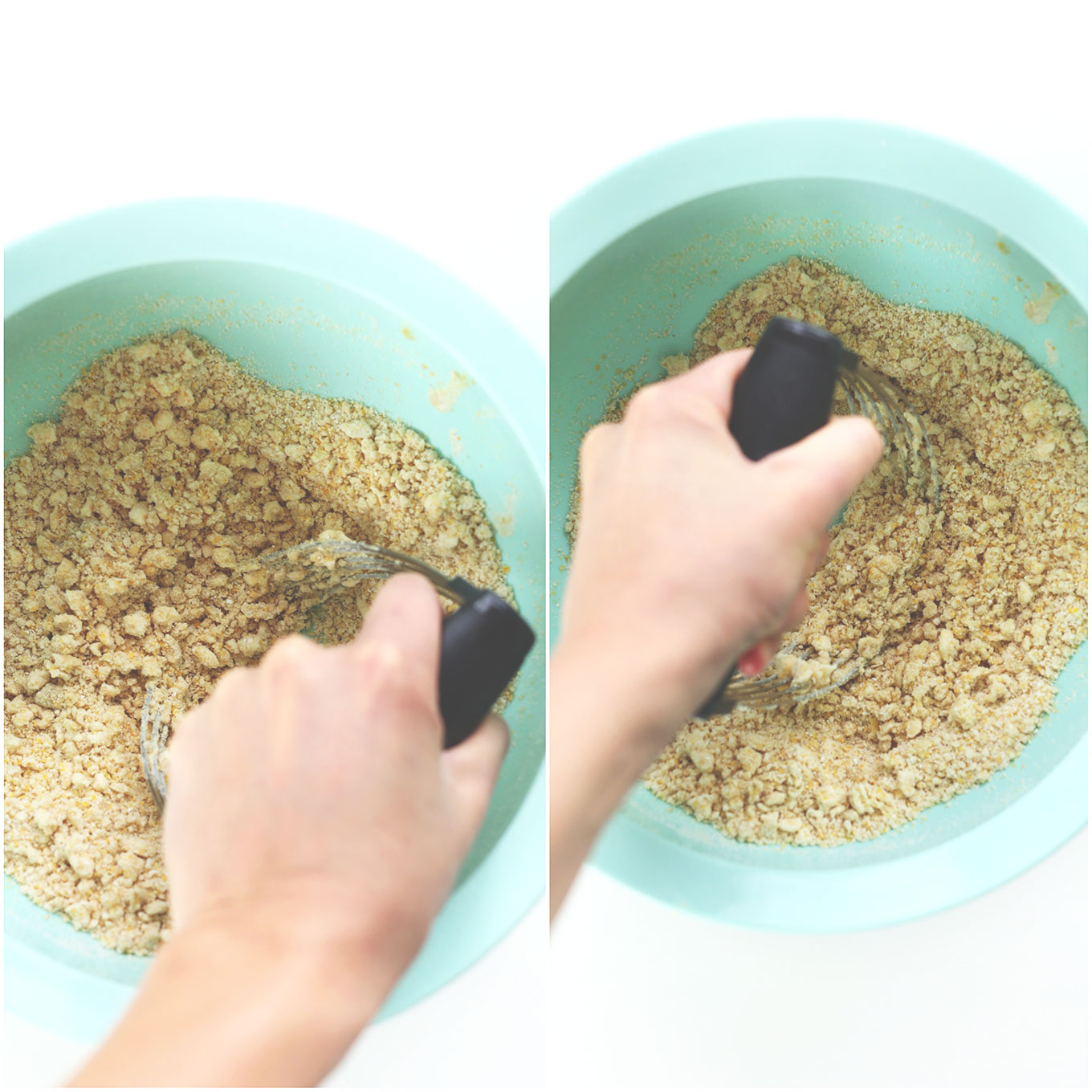 Using a pastry cutter to cut vegan butter into dry ingredients for Peanut Butter Cheese Crackers