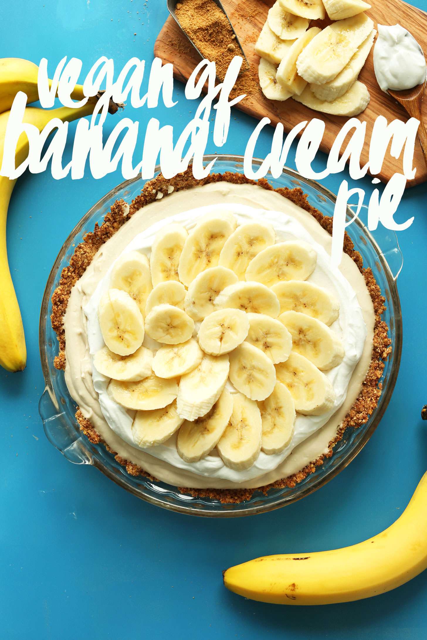 A whole dish full of our amazing gluten-free vegan Banana Cream Pie