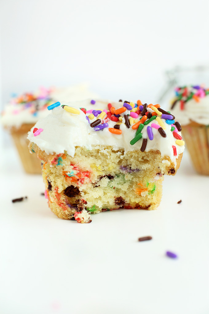 Partially eaten Vegan Funfetti Cupcake