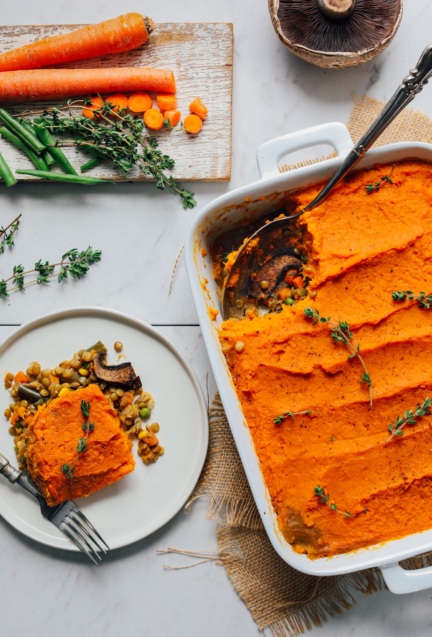 Grabbing a hearty serving of Sweet Potato Lentil Shepherd's Pie for the Thanksgiving festivities