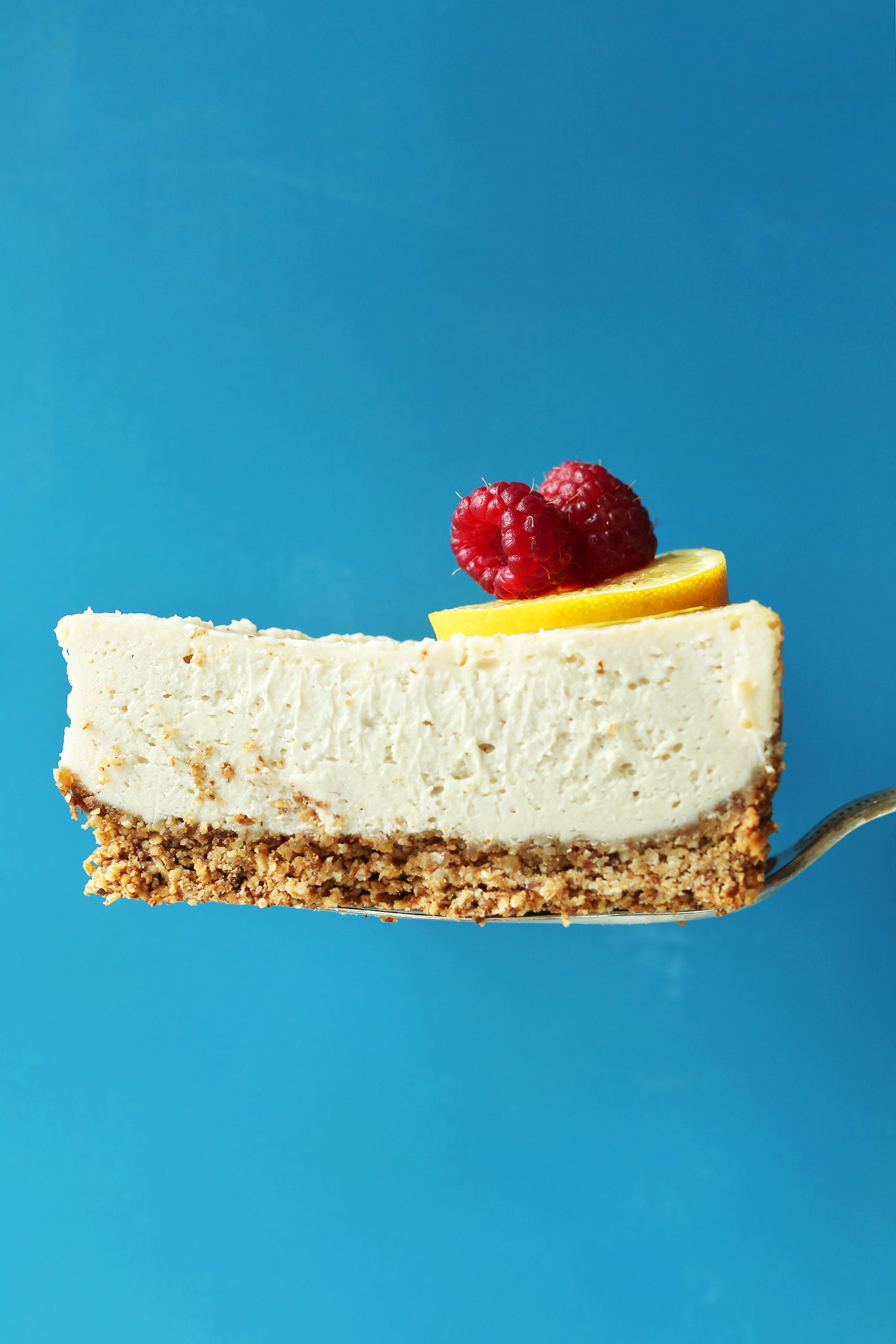 Slice of our Vegan Gluten-Free Cheesecake made in the blender