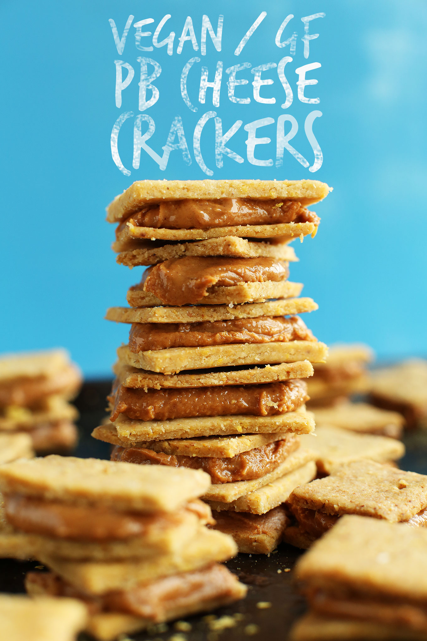 Vegan and gluten-free Peanut Butter Cheese Crackers stacked up for a healthy snack