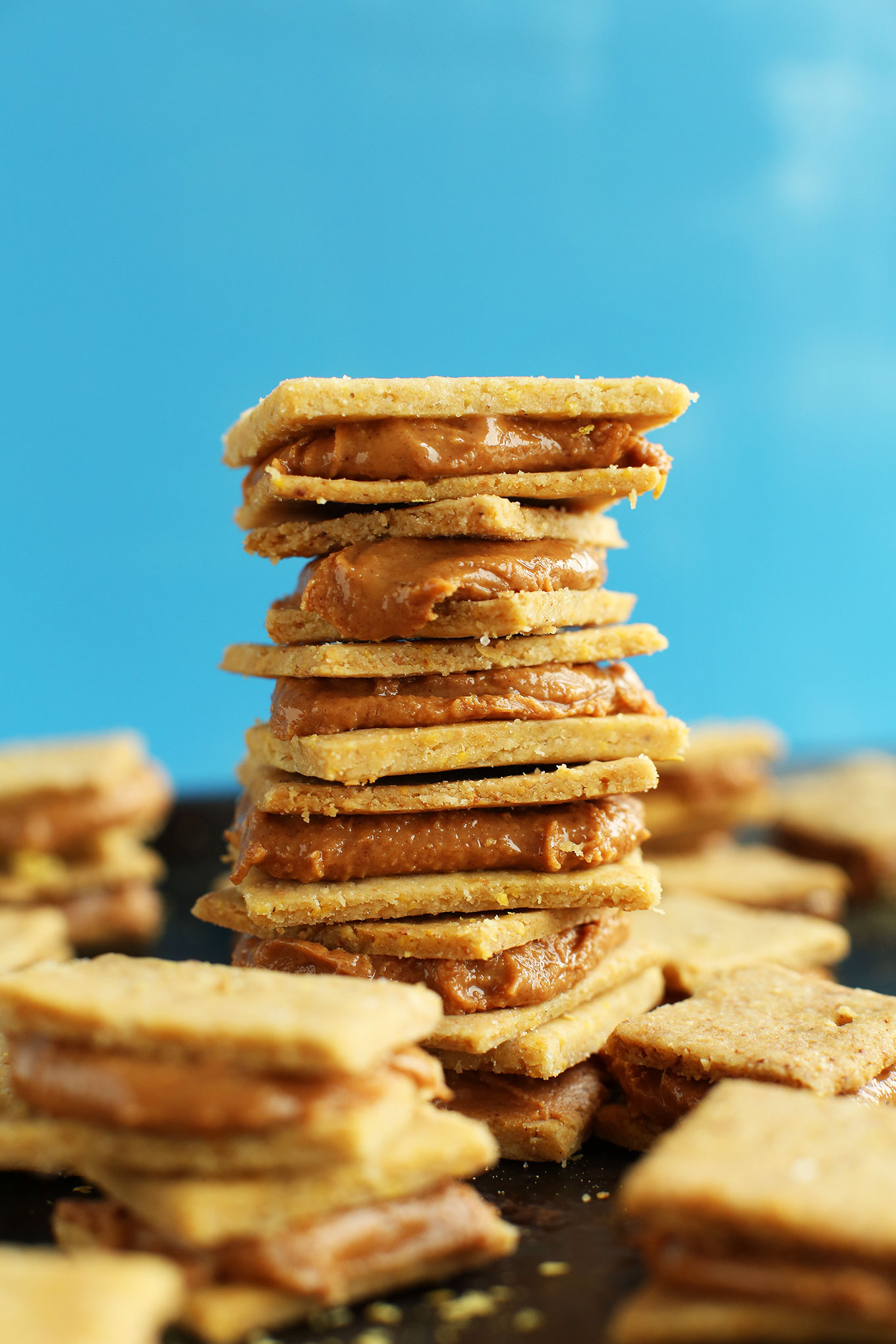 Stack of gluten-free vegan Peanut Butter Cheese Crackers for a delicious snack