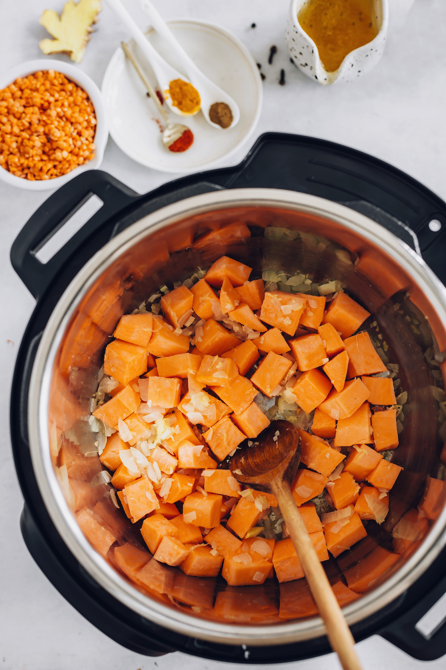 Sautéed onion, ginger, and sweet potato