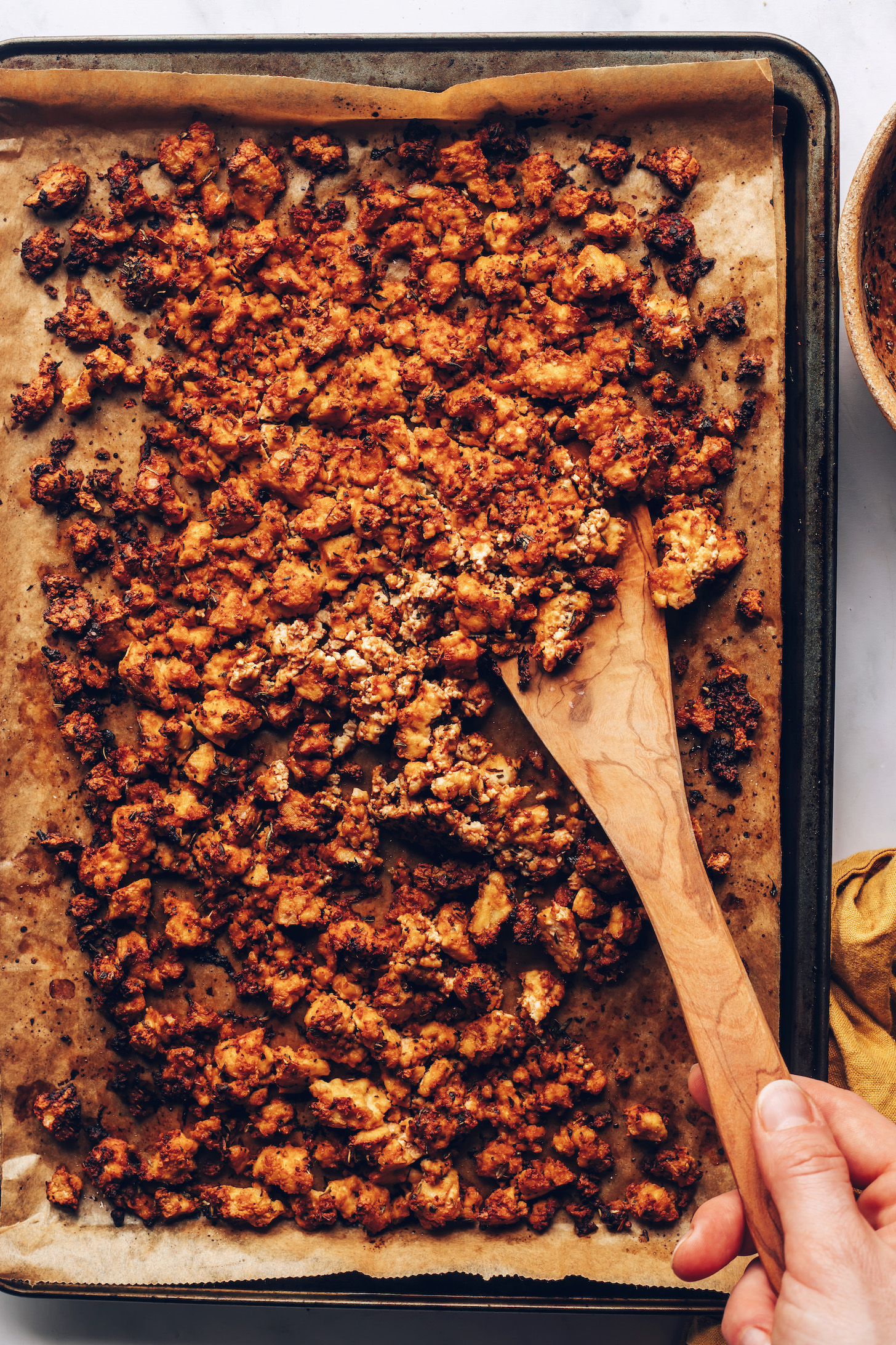 Pan of crispy baked tofu crumbles