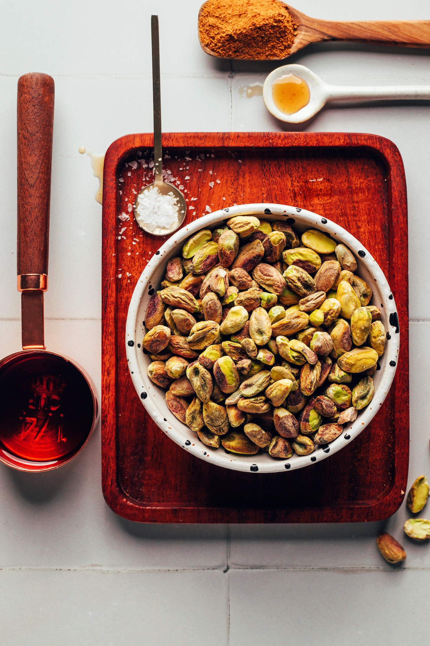 Pistachios, salt, vanilla, coconut sugar, and maple syrup