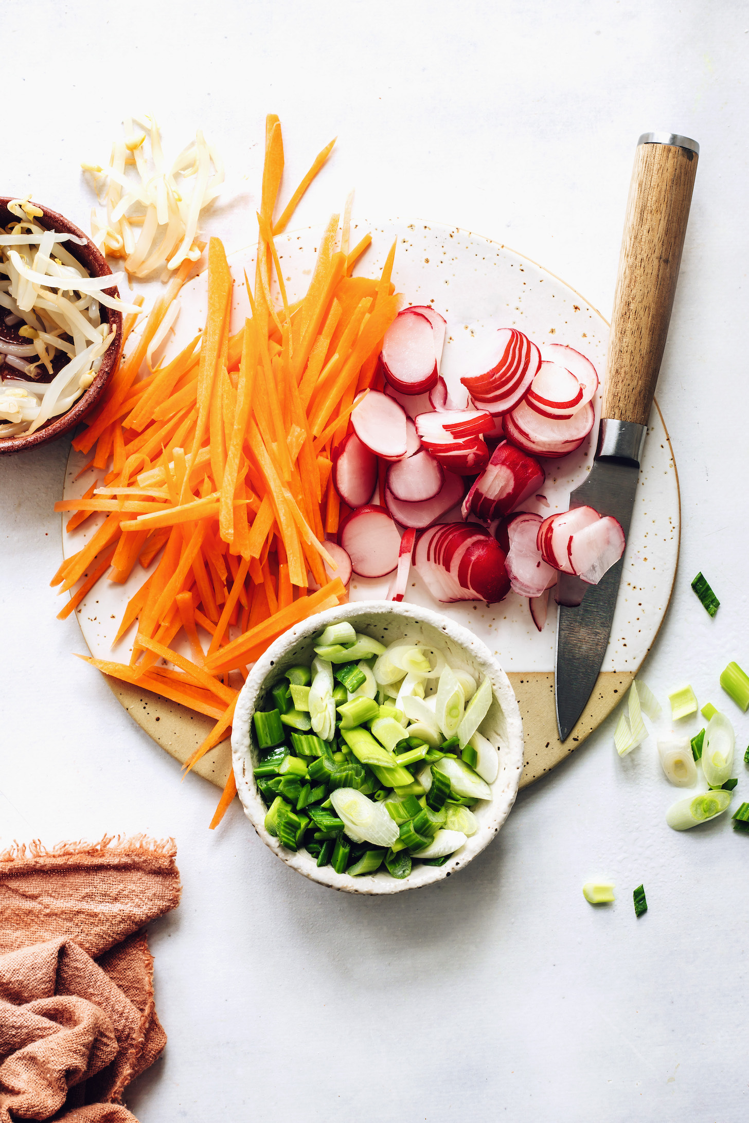 Bean sprouts, carrots, radish, and green onions