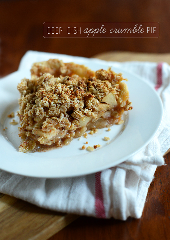 Plate with a large slice of vegan Apple Crumble Pie