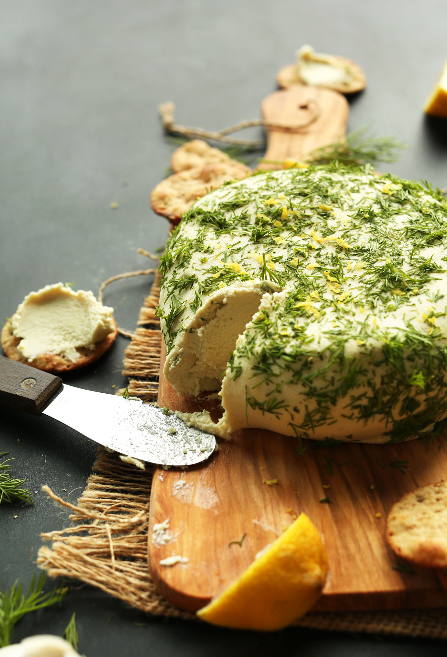 Close up shot of our homemade spreadable vegan cheese with crackers