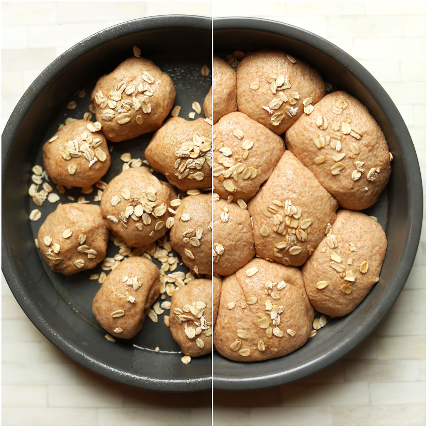 Photo contrasting vegan thanksgiving rolls before and after proofing