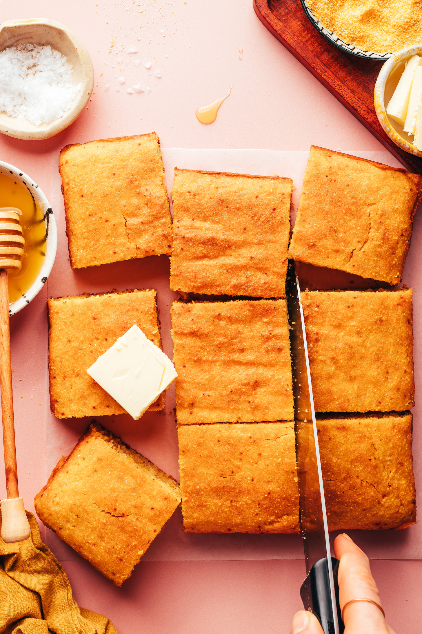 Cutting gluten-free cornbread into slices