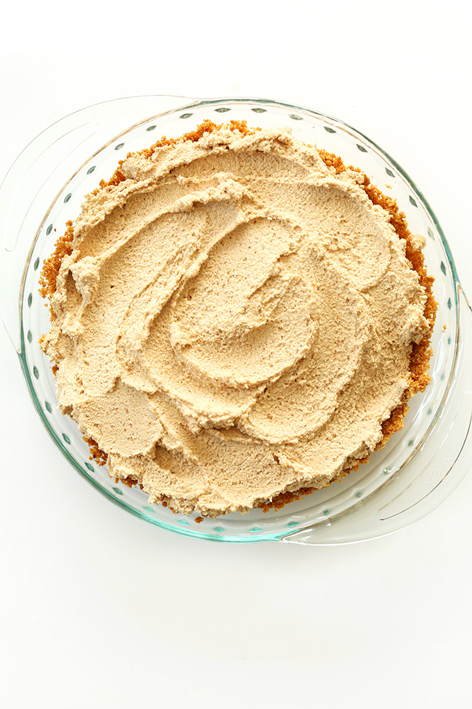 Pie dish filled with our naturally-sweetened Easy Vegan Peanut Butter Pie