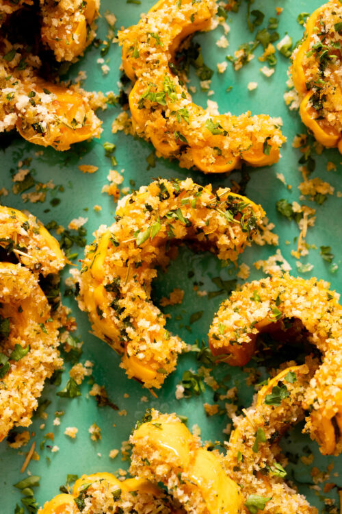 Close up photo of our garlic and herb breaded delicata squash recipe