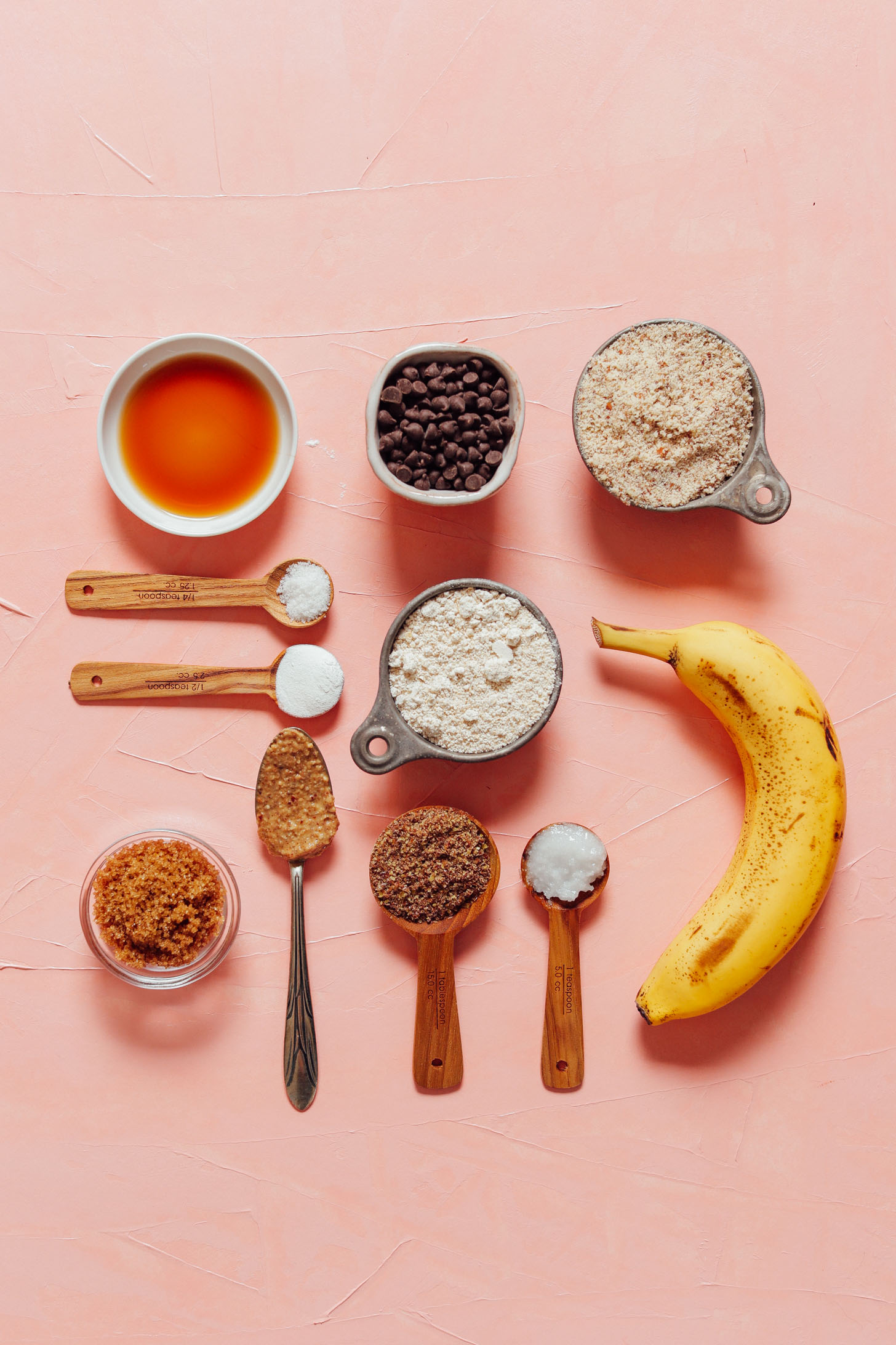 Display of ingredients for making 1-Bowl Banana Chocolate Chip Cookies