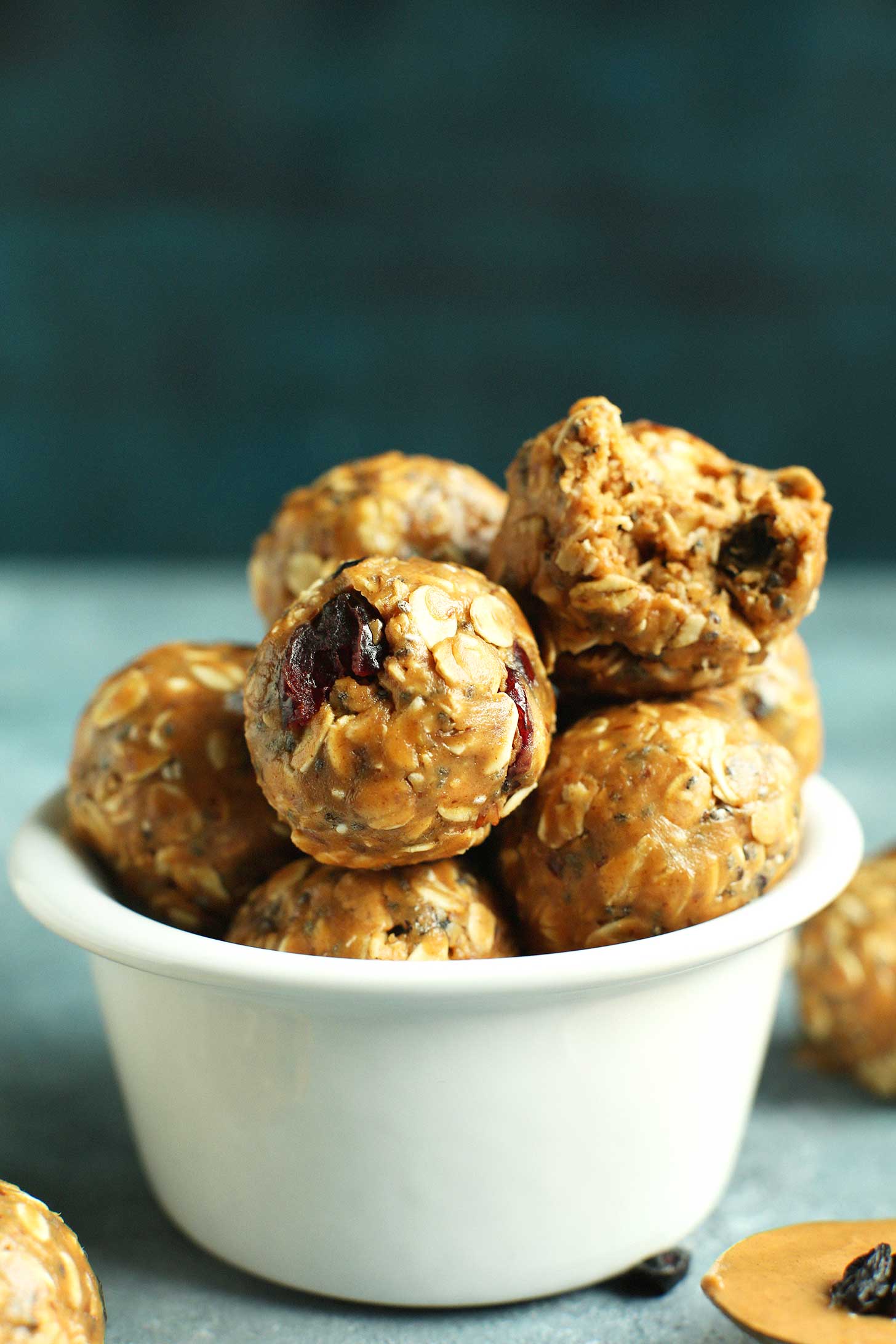 Bowl full of naturally sweetened gluten-free PB&J Energy Bites