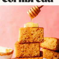 Drizzling honey onto a stack of gluten-free cornbread with text above it that says easy and made in 1 bowl