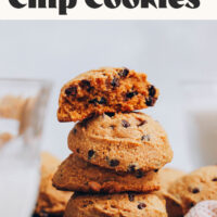 Stack of cookies with text above it that reads fluffy gluten-free pumpkin chocolate chip cookies