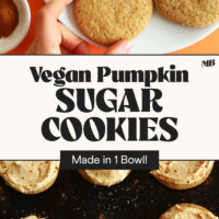 Overhead photos of frosted and unfrosted vegan pumpkin sugar cookies that are made in just 1 bowl