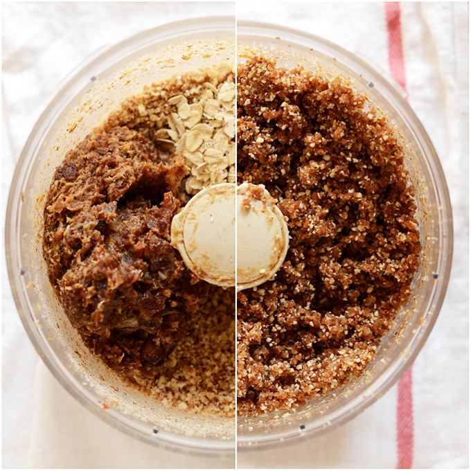 Food processor with ingredients for making No-Bake Pumpkin Pie Crust