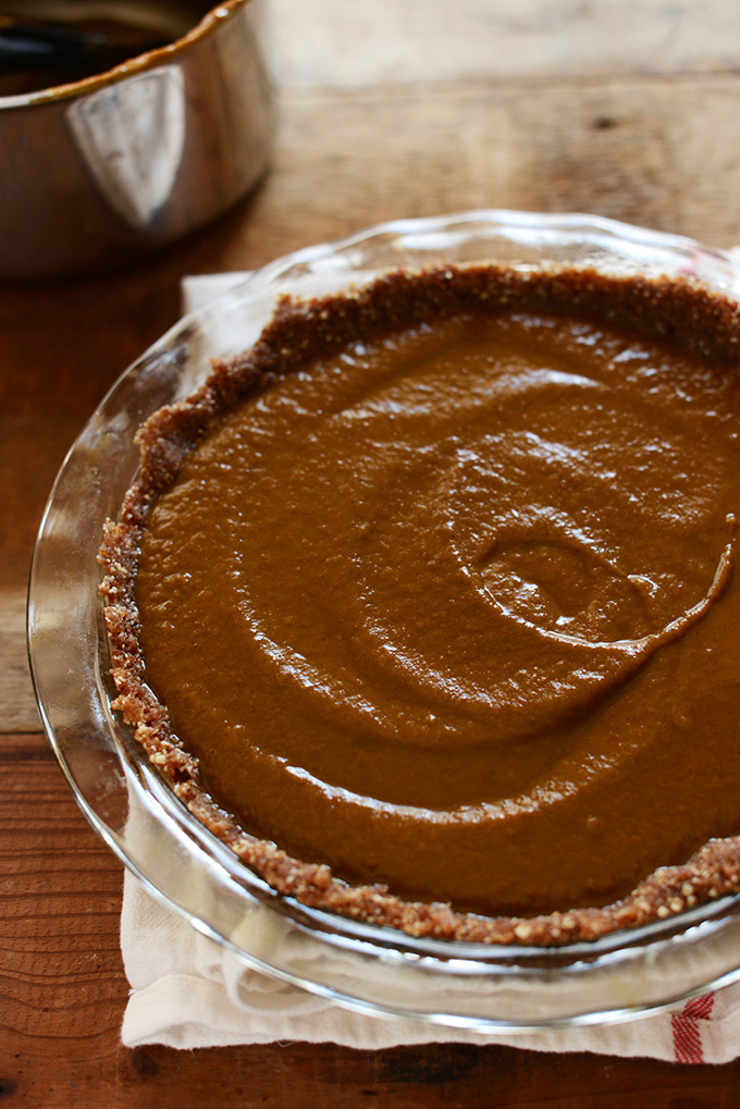 Pie pan filled with a batch of our gluten-free vegan No-Bake Pumpkin Pie recipe