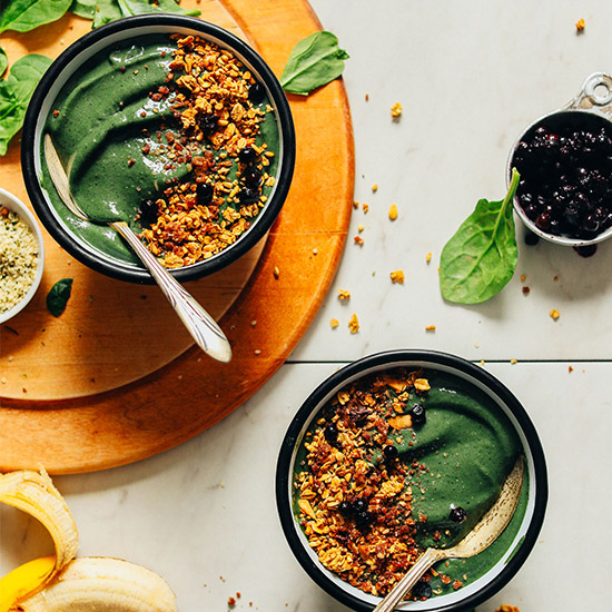 Bowls of our PB Banana Smoothie Bowl for a healthy breakfast