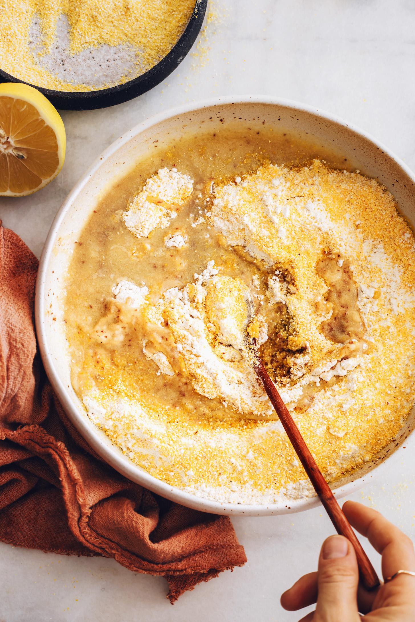 Mixing the ingredients for our vegan cornbread recipe