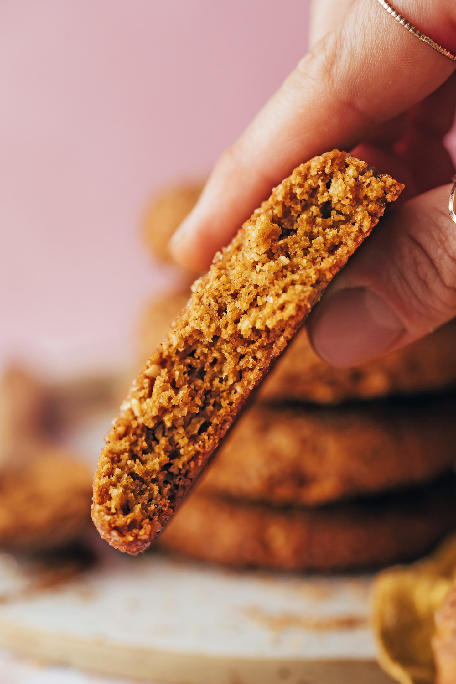 Holding up a partially eaten pumpkin snickerdoodle cookie to show the inner texture