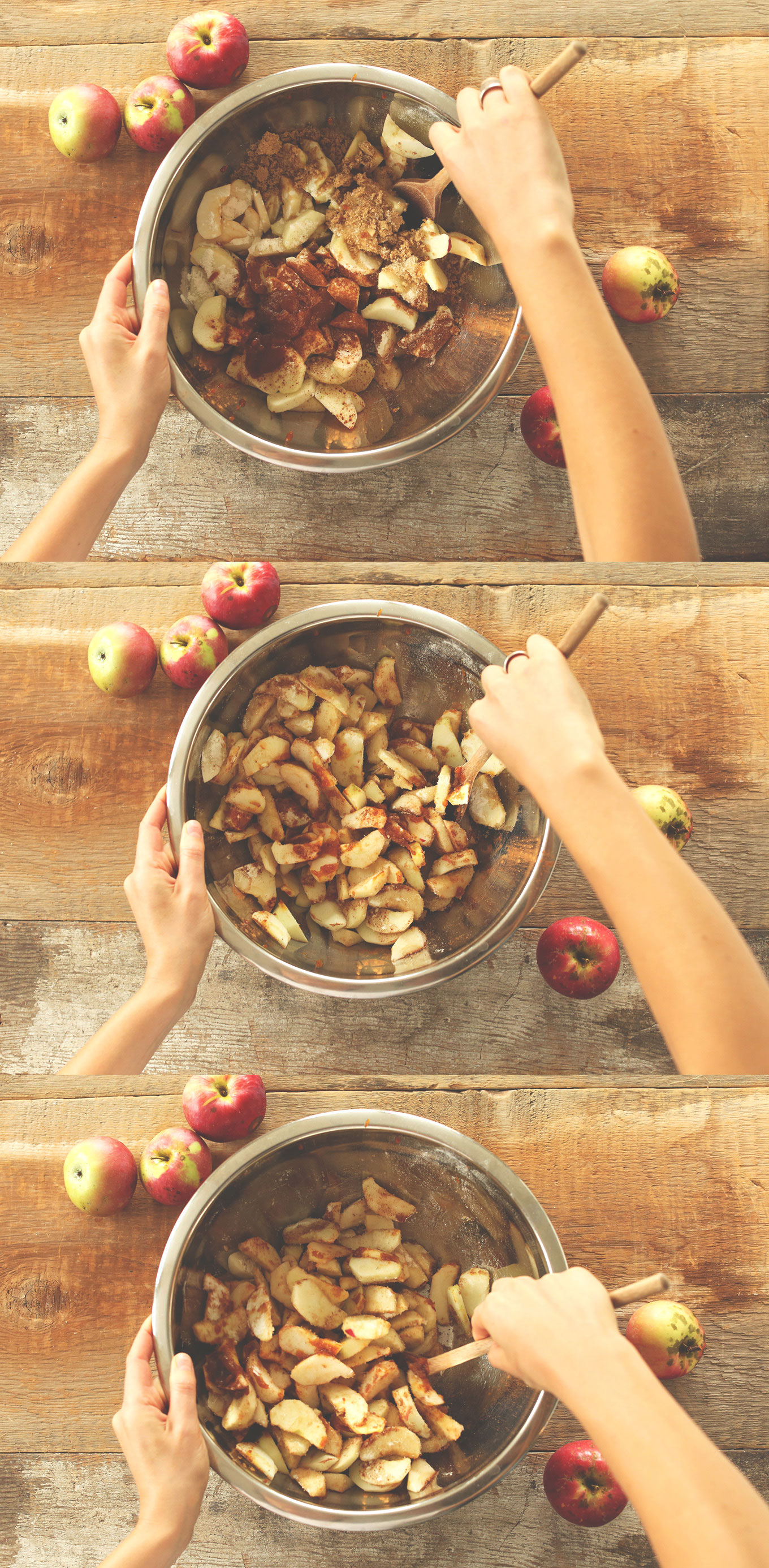 Series of photos showing mixing spices into apples