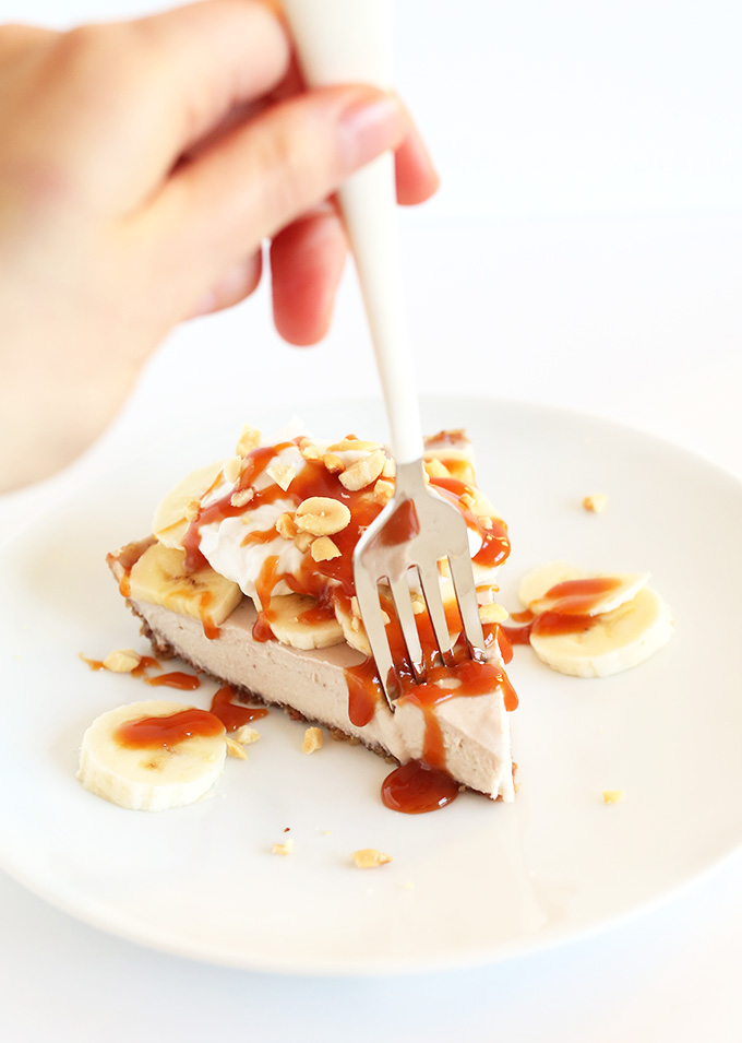 Using a fork to grab a bite of Raw Vegan Banana Cream Pie