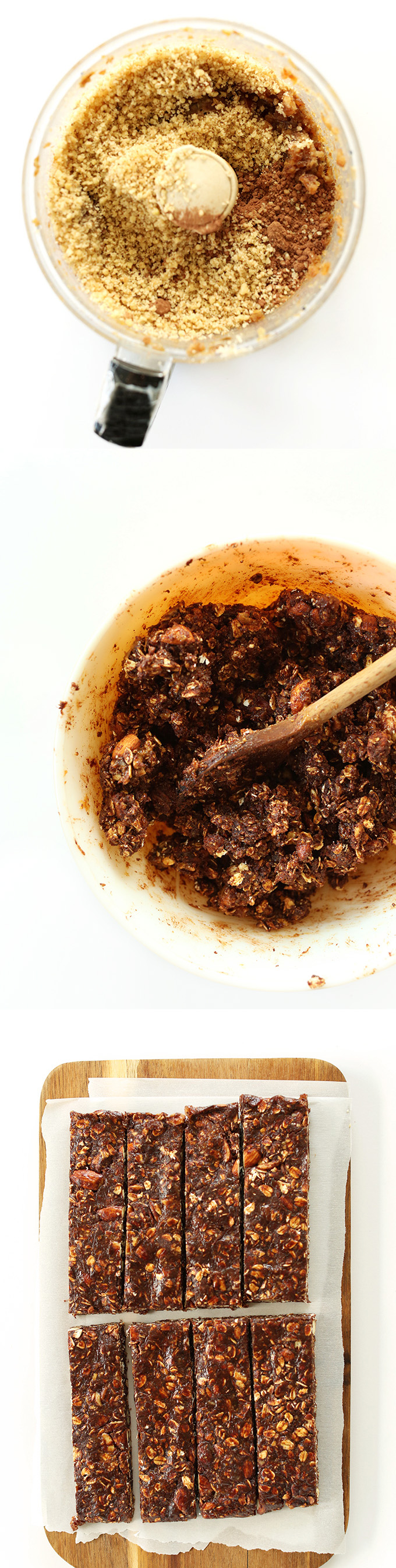 Food processor, mixing bowl, and finished product of our Healthy Brownie Granola Bars recipe