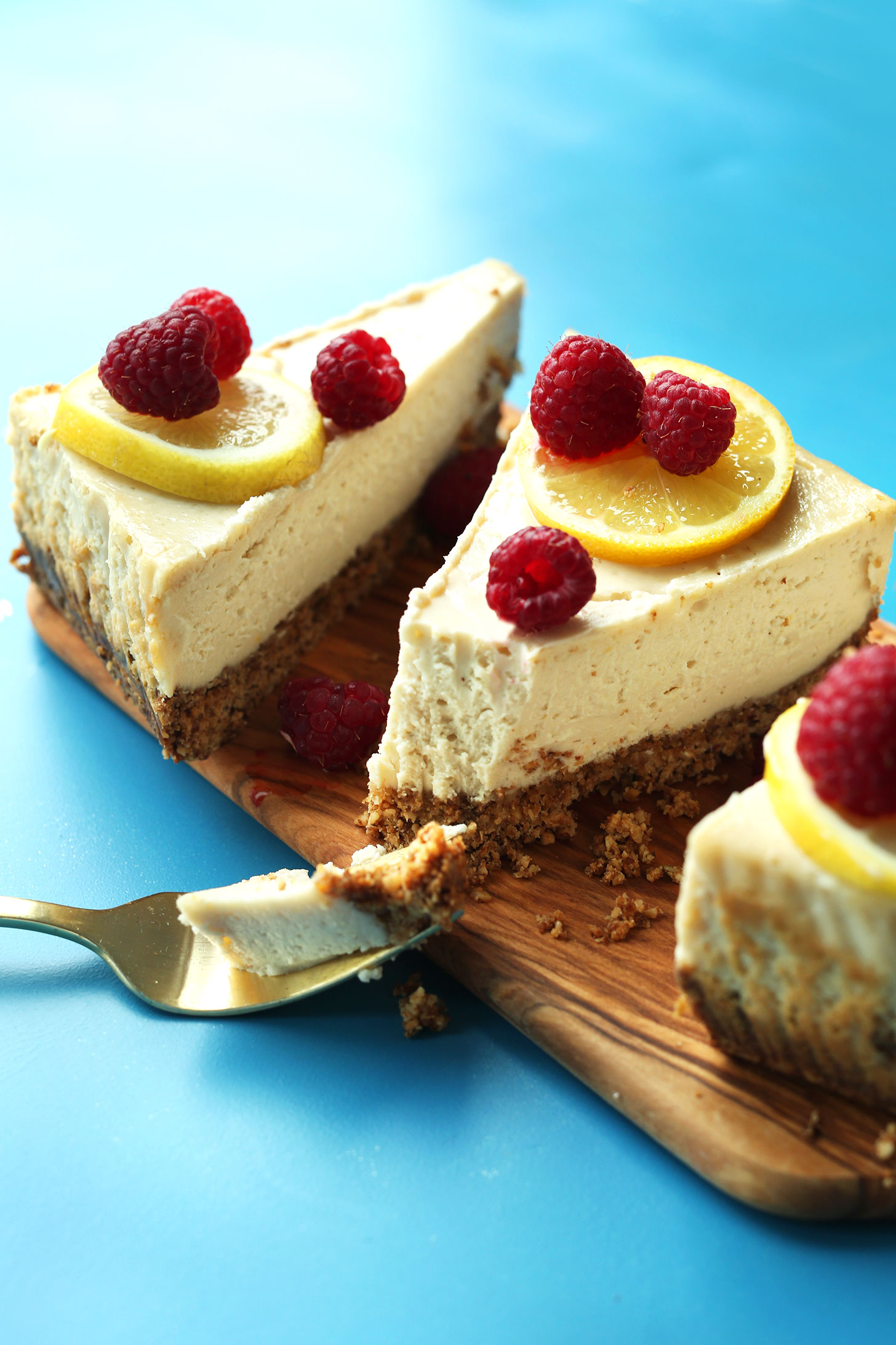 Slices of the best baked vegan gluten-free cheesecake