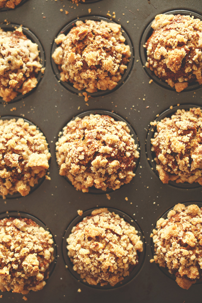 Muffin tin filled with homemade Vegan Banana Crumble Muffins