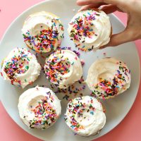 Holding a Vegan Funfetti Cupcake topped with frosting and rainbow sprinkles