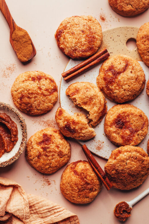 Overhead photo of vegan gluten-free apple butter snickerdoodle cookies