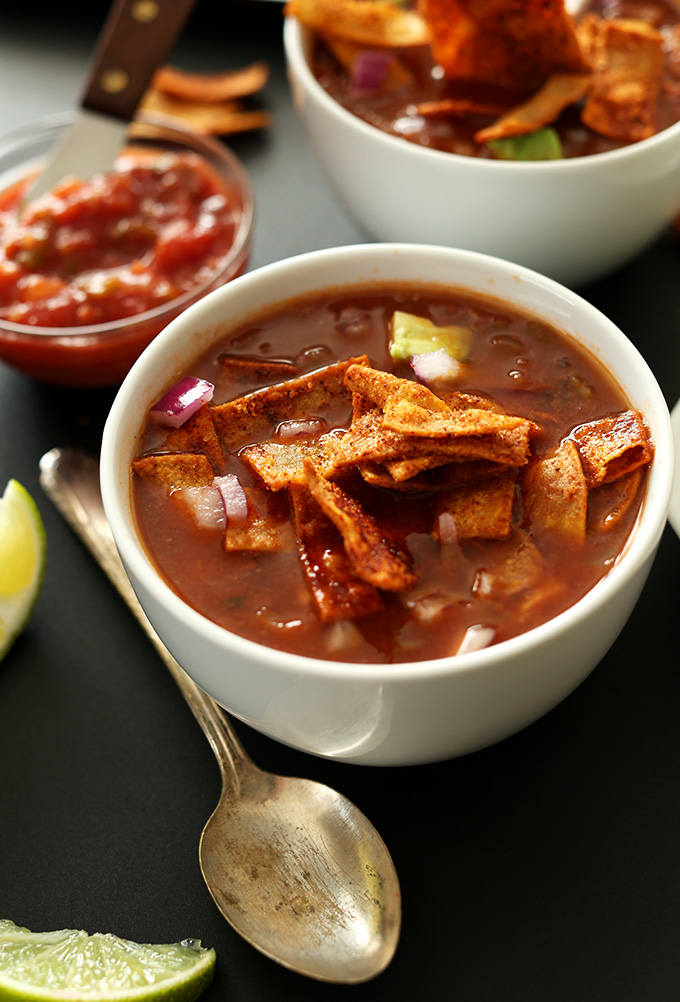 Bowls of Veggie Nacho Soup for a comforting vegan meal